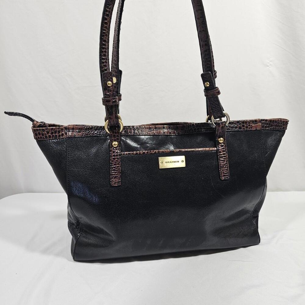 Brahmin Black Crocodile Embosed Leather Zippered Tote Shoulder Bag Purse